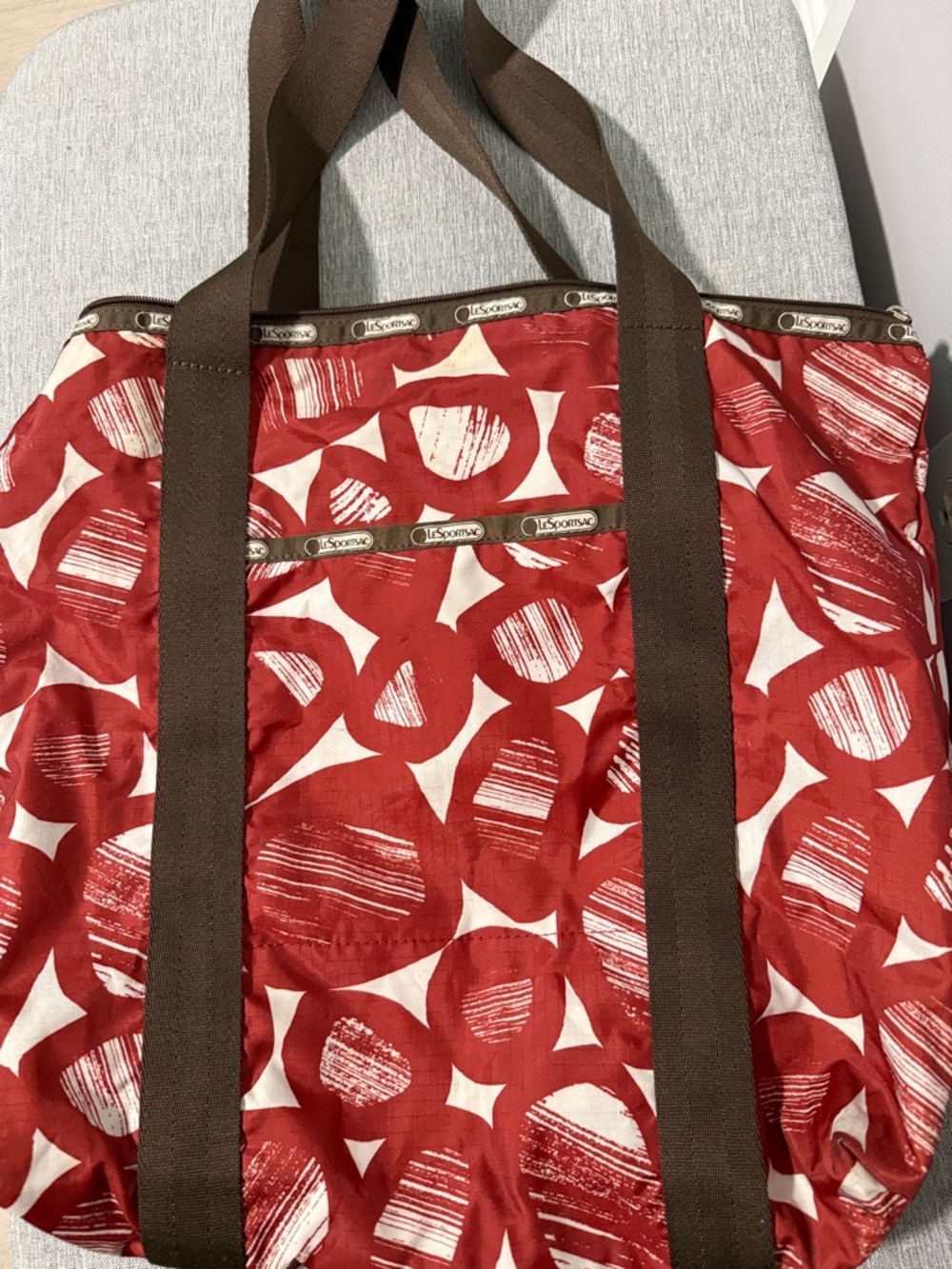 Lesportsac Red and White Patterned Tote with Brown Straps